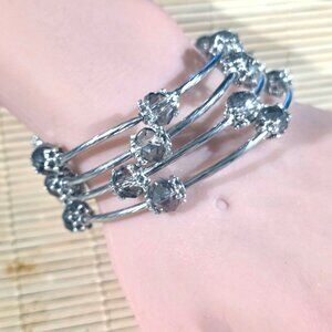 Gray Smoke Faceted Crystal Rondelle Beads Silver Metal Handcrafted Wrap Bracelet